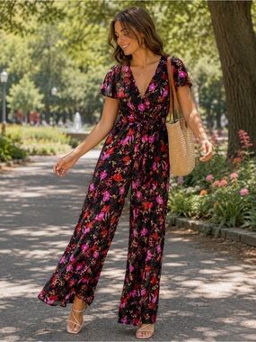 Zara Black Floral V-Neck Wide-Leg Jumpsuit with Pink and Red Print. Size M